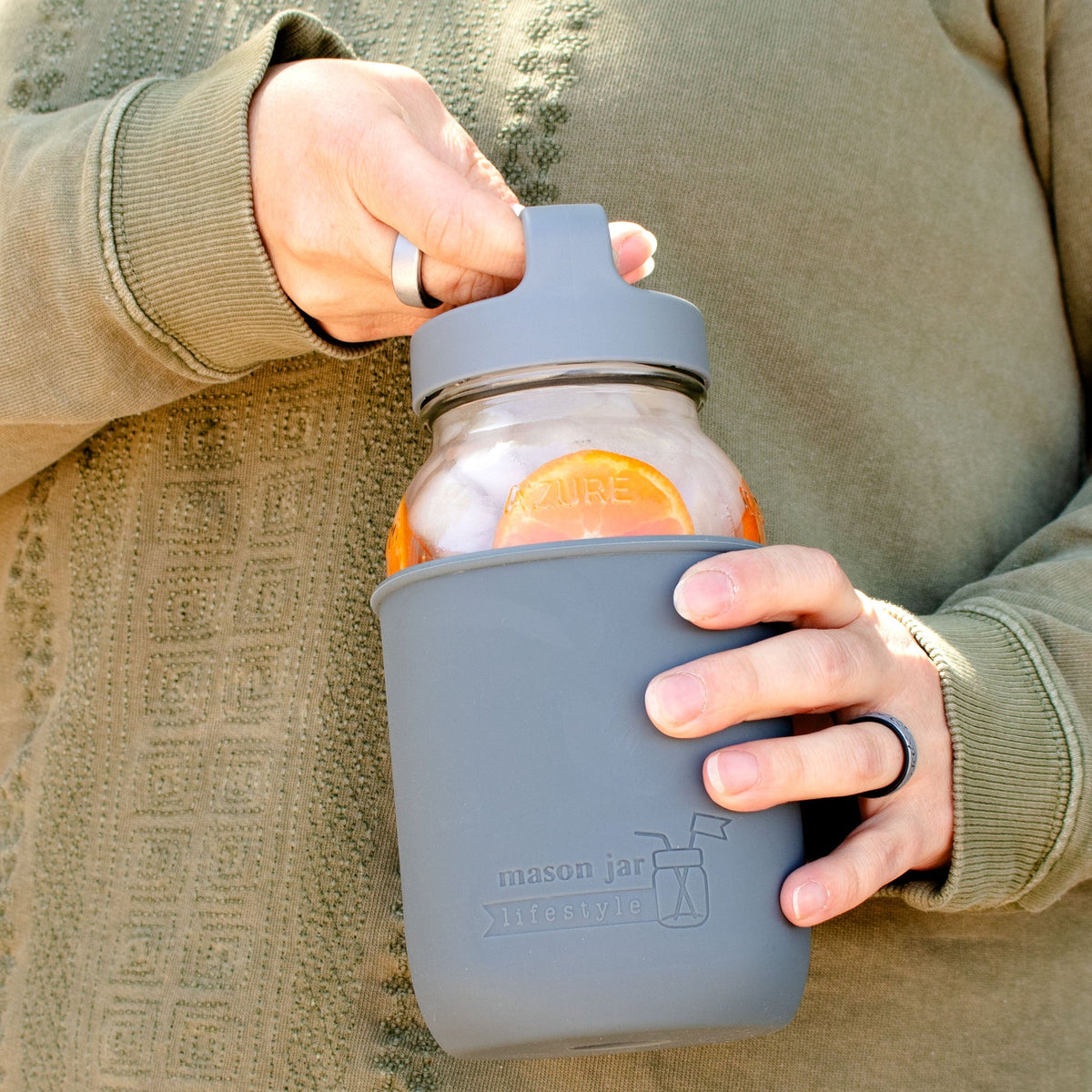 Mason Jar Lifestyle 32oz Quart Glass Water Bottle with Silicone Sleeve & Carry Handle